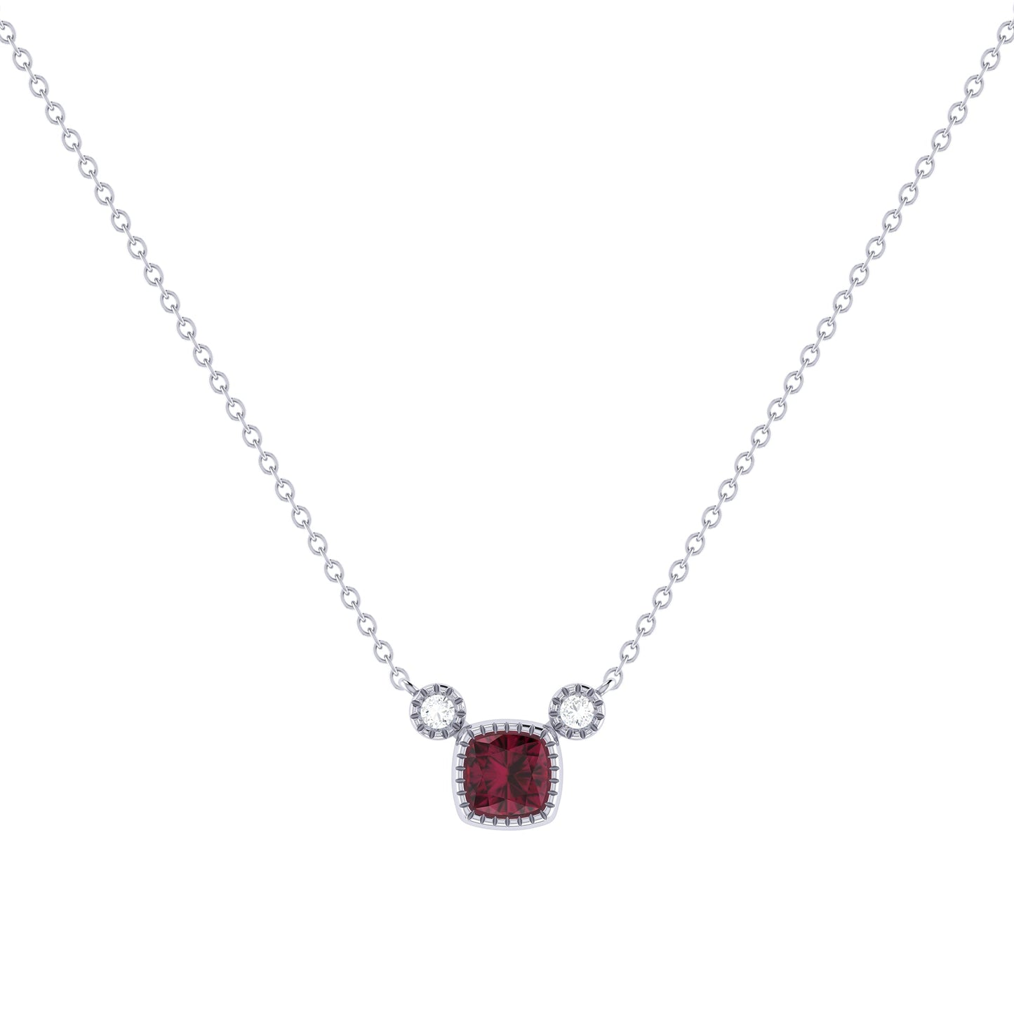 Cushion Cut Ruby & Diamond Birthstone Necklace In 14K White Gold